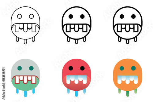 Collection of frosty emoticons with freezing expressions, icy blue tones, and unique designs for creative and seasonal use, line art icon set