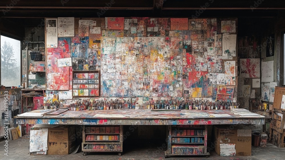 Fototapeta premium A vibrant and textured artist's studio, showcasing a colorful collage of artwork on the walls and a multitude of art supplies arranged on a long work