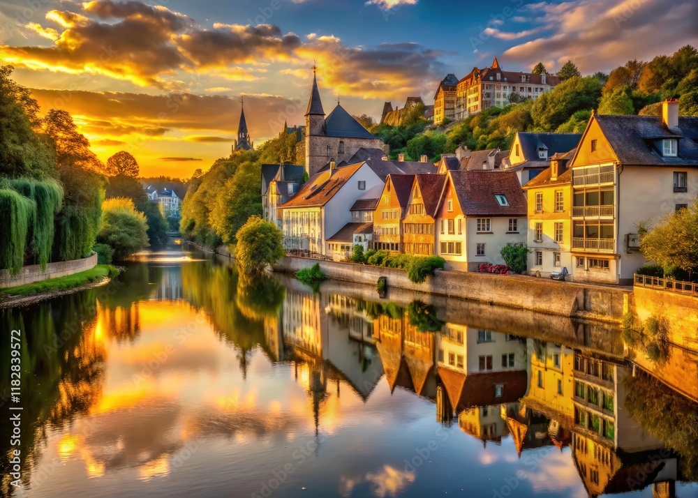 Obraz premium Stunning River Town Architecture: Picturesque Cityscape, Waterfront Buildings, River Reflections, Urban Landscape Photography