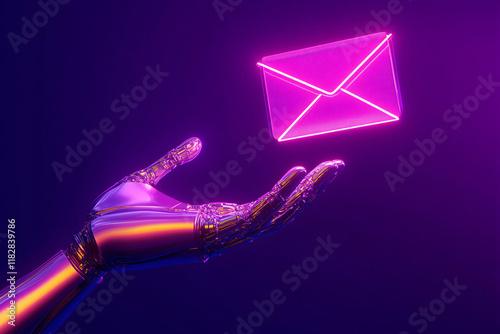 Robot hand holding digital envelope. Concept of future communication and digital mail, business correspondence, letter, email, message, communication