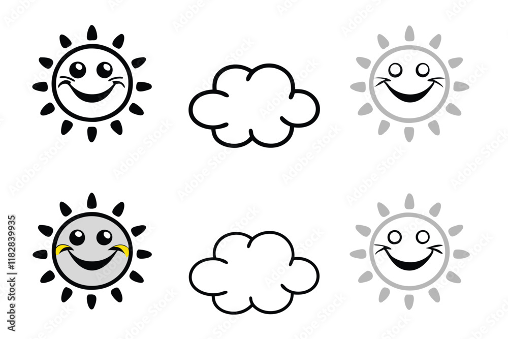 Bright and happy sun with adorable clouds in a clean line art style perfect for weather symbols, apps, or playful illustrations line art icon set Bright and happy sun with adorable clouds in a clean line art style perfect for weather symbols, apps, or playful illustrations line art icon set