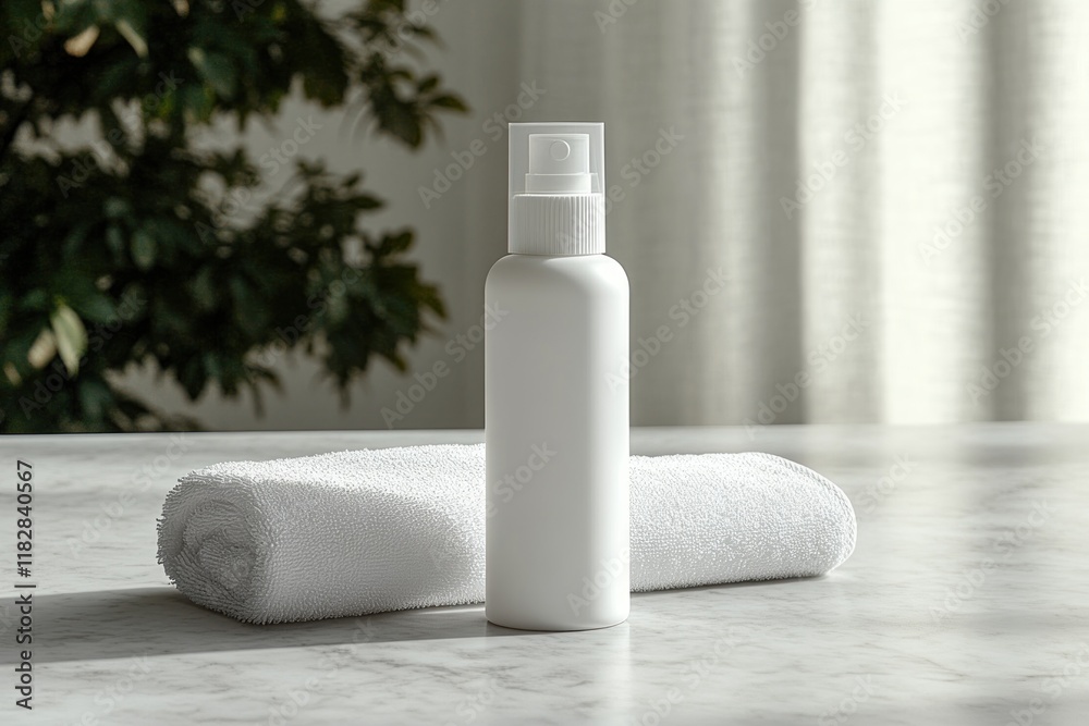 Minimalist skincare bottle mockup on marble table with white towel Minimalist skincare bottle mockup on marble table with white towel