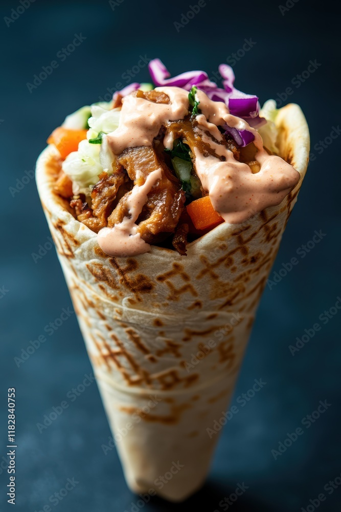 Delicious chicken shawarma wrap with vegetables and garlic sauce