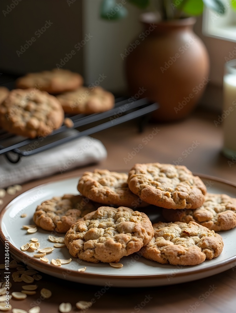 Delicious homemade oat cookies served on a rustic plate with a cozy kitchen backdrop Delicious homemade oat cookies served on a rustic plate with a cozy kitchen backdrop