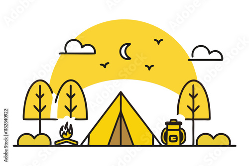 Nature camping line art icon set featuring tents, campfires, trees, and scenic elements like moon, clouds, and birds in minimalist style