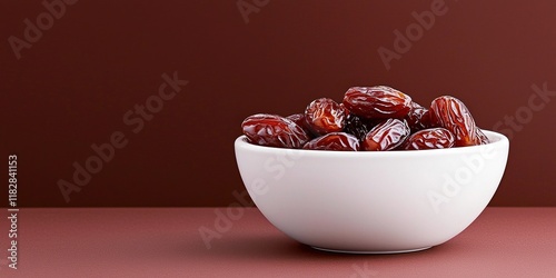 Ramadan dates in a white bowl resting on a warm brown surface inviting festive celebration and sharing photo