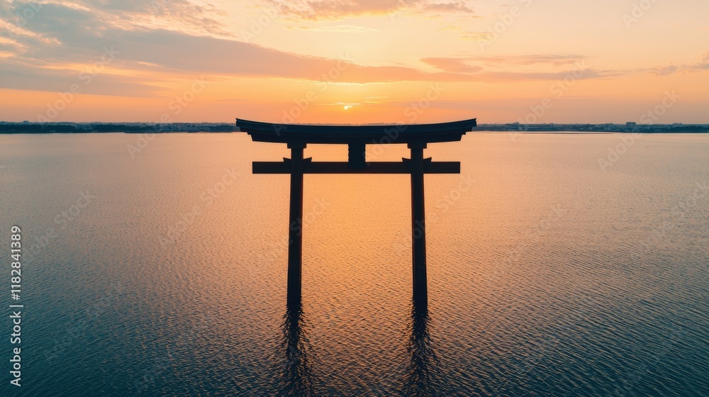 Monument cultural and iconic, A serene sunset view featuring a traditional torii gate silhouetted against calm waters. Monument cultural and iconic, A serene sunset view featuring a traditional torii gate silhouetted against calm waters.