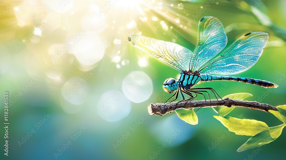 custom made wallpaper toronto digitalUltra-macro view of a vibrant dragonfly resting on a twig in a sunlit forest clearing