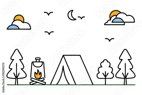 Minimalist camping vector icon set with tents, campfire, trees, and natural elements for outdoor adventure and travel design projects