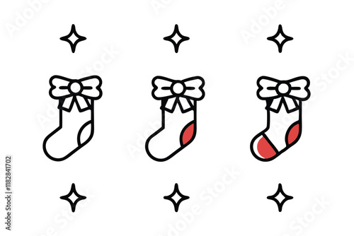 Minimalistic line art icons featuring Christmas stockings with decorative bows, perfect for seasonal and holiday themed designs line art icon set