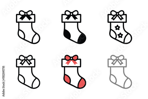 Christmas stocking illustrations in vector line art style with elegant bows and holiday patterns, ideal for festive projects line art icon set