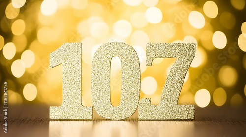 Golden Number 107 Sparkles on a Reflective Surface with a Golden Bokeh Background. photo