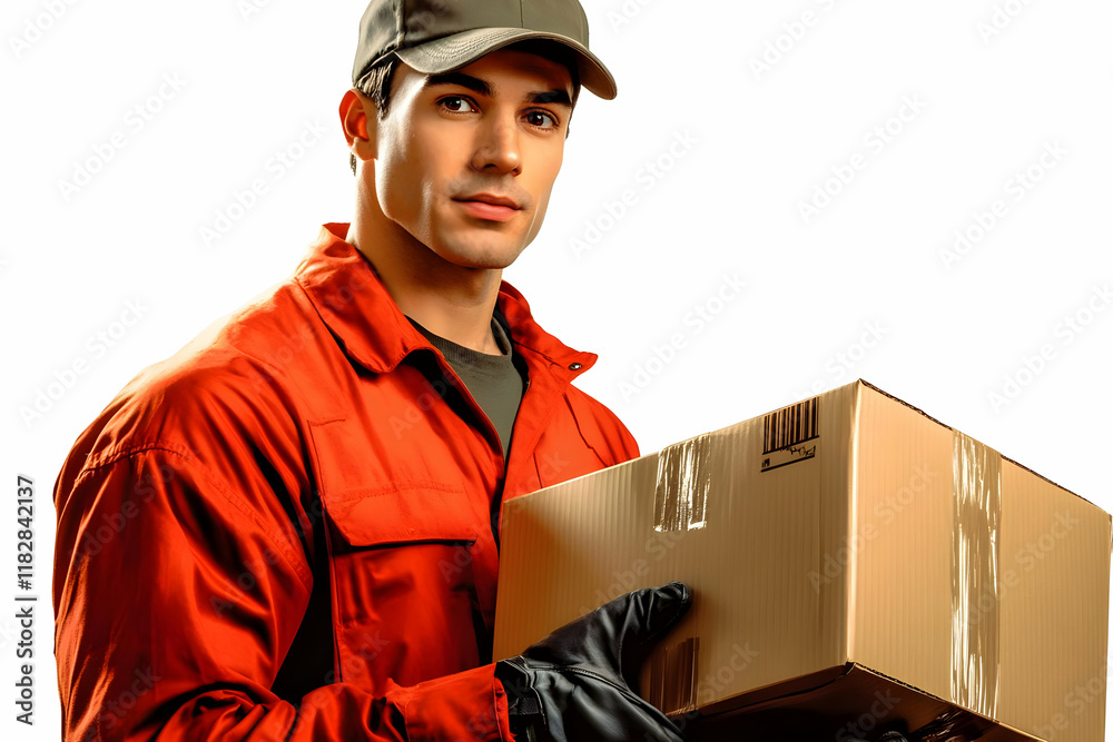 Delivery Worker Holds Cardboard Box Securely, Ready for Efficient and Reliable Shipment. Delivery Worker Holds Cardboard Box Securely, Ready for Efficient and Reliable Shipment.