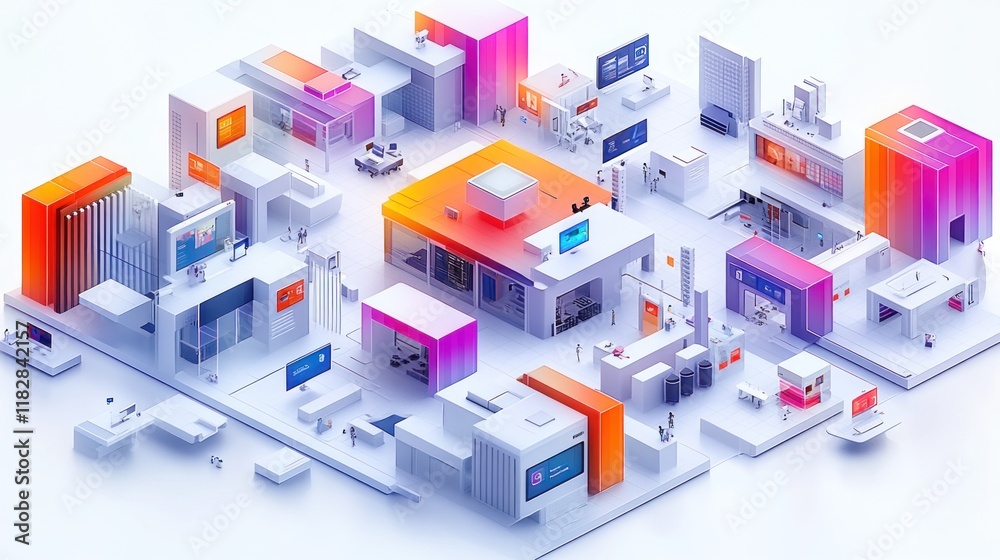 Isometric illustration of a vibrant, modern office space with diverse technology and collaborative work areas. Isometric illustration of a vibrant, modern office space with diverse technology and collaborative work areas.