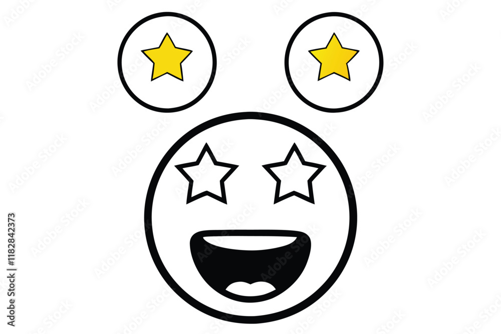 Starry eyed emoji illustration with excited expression featuring stars in eyes and smiling mouth, line art icon set Starry eyed emoji illustration with excited expression featuring stars in eyes and smiling mouth, line art icon set