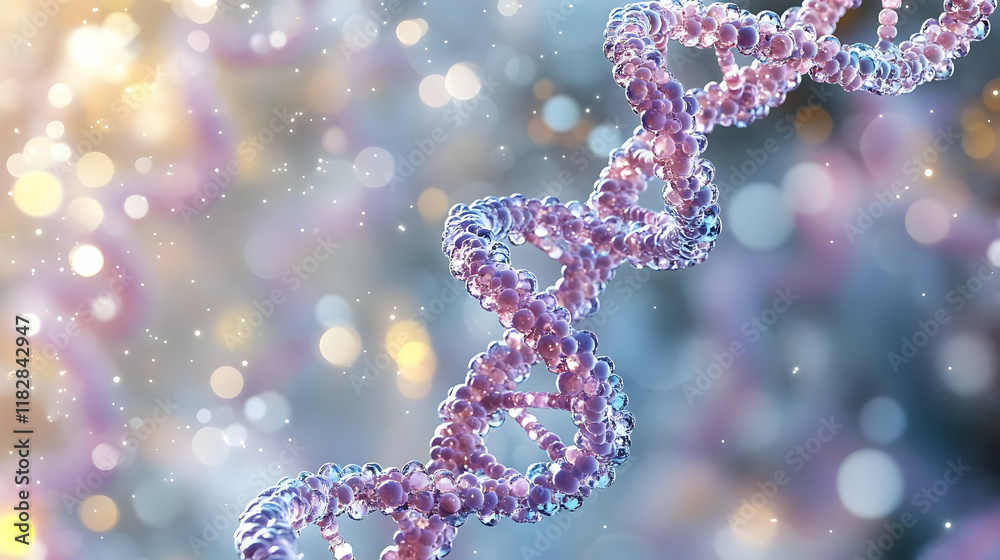DNA Strand Spirals Elegantly against a Softly Lit Background with Gentle Bokeh Effect. DNA Strand Spirals Elegantly against a Softly Lit Background with Gentle Bokeh Effect.