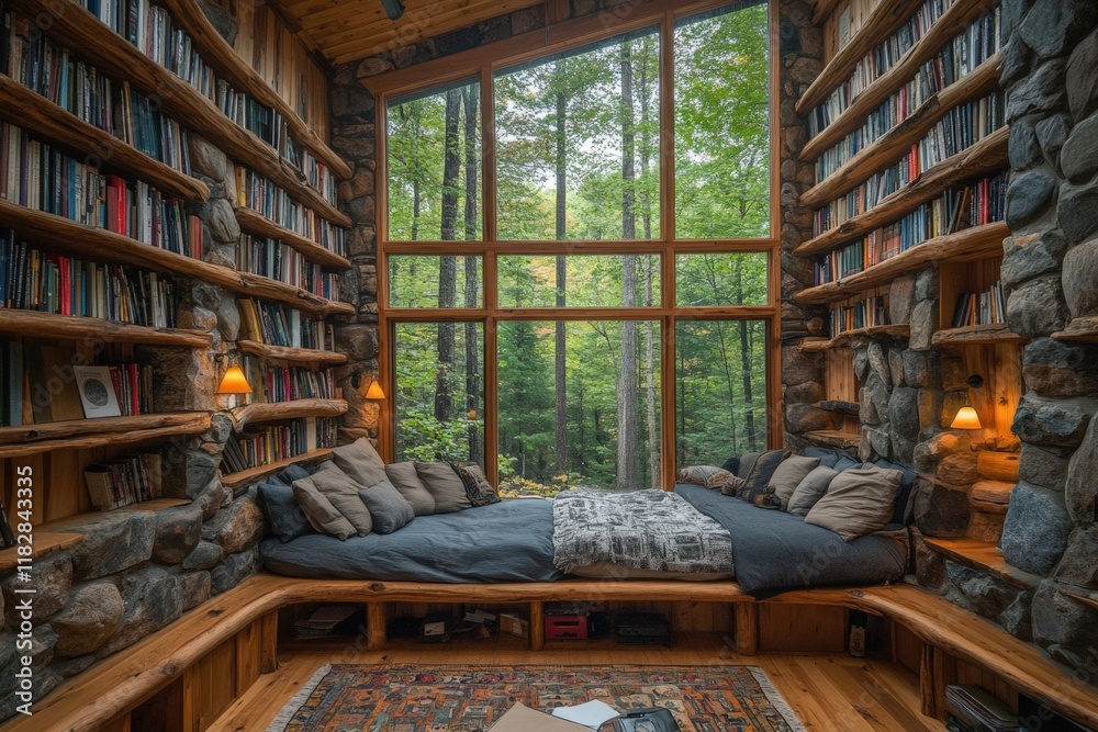 Fototapeta premium Rustic stone and wood library with a cozy reading nook overlooking a lush forest through a large window. Peaceful and serene atmosphere perfect for re