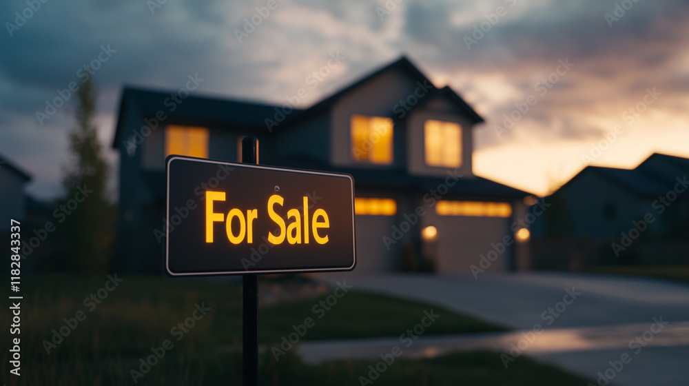 Fototapeta premium House for sale with illuminated sign at dusk, showcasing modern architecture and inviting atmosphere.