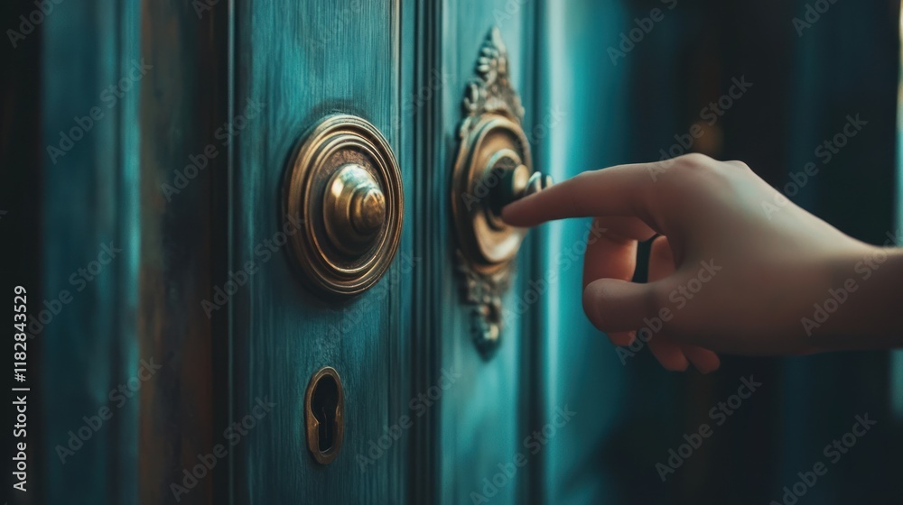 Obraz premium A Hand Gently Presses an Antique Doorbell on a Teal Door