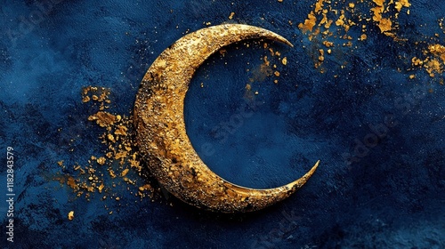 Golden crescent moon illustration on deep blue background celebrating Eid al-Fitr with sparkling gold accents