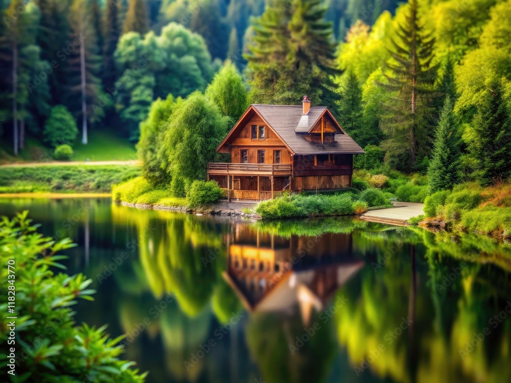 Tilt-Shift Miniature Wooden Lake House, Forest Escape, Idyllic Nature Scene, Green Lush Vegetation, Fantasy Cabin Tilt-Shift Miniature Wooden Lake House, Forest Escape, Idyllic Nature Scene, Green Lush Vegetation, Fantasy Cabin