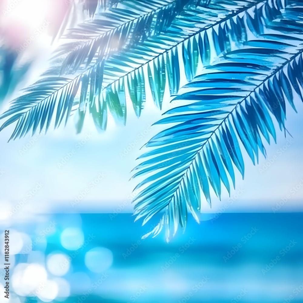 Tropical Palm Leaves Overlook a Serene Ocean with Dreamy Bokeh Effect Tropical Palm Leaves Overlook a Serene Ocean with Dreamy Bokeh Effect