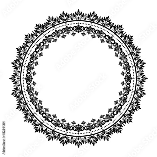 Round Wreath Black circular round ornament floral Abstract pattern Victorian Damask traditional style, illustration Vintage Design, Floral frames, Mandala, Antique, Moroccan