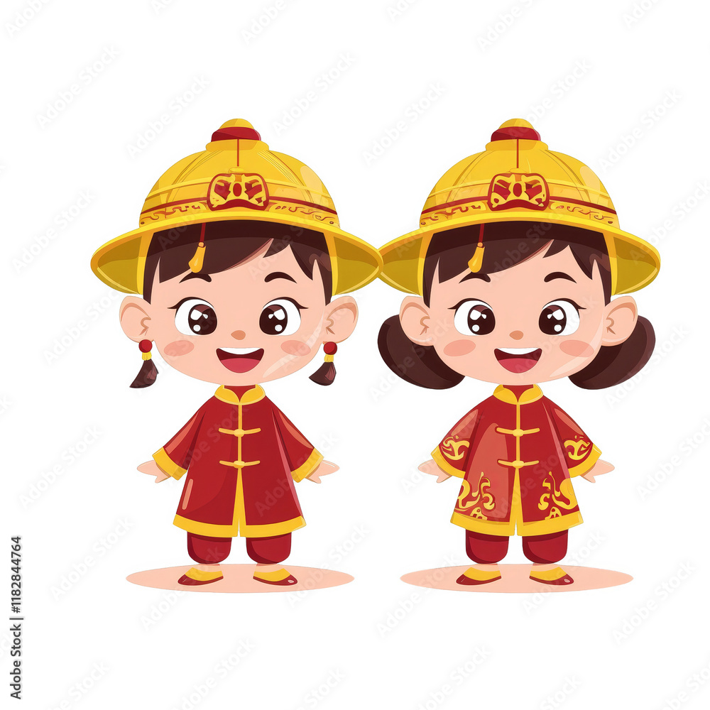 Two cartoon children wearing traditional Chinese clothing, smiling with happy expressions. Two cartoon children wearing traditional Chinese clothing, smiling with happy expressions.