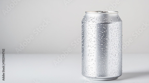 Chilled aluminum soda can with condensation on white background
