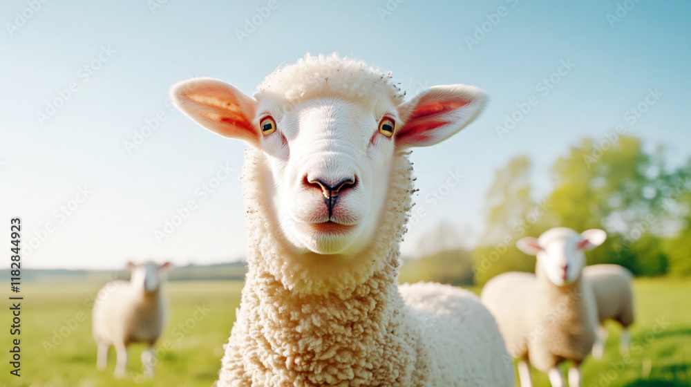 Fototapeta premium Close-up of sheep in lush green pasture on a sunny day