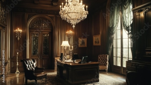 Opulent Library: A Luxurious Study in Dark Wood and Crystal