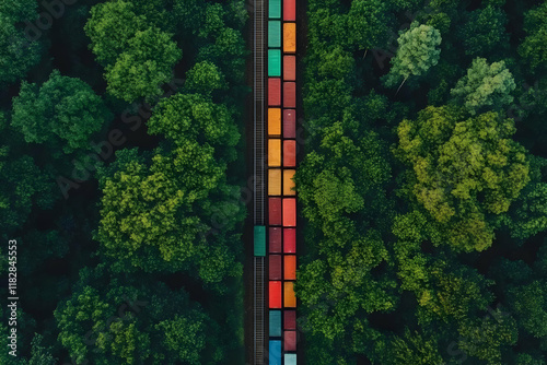 Colorful Cargo Train Travels Through Lush Green Forest, Aerial View