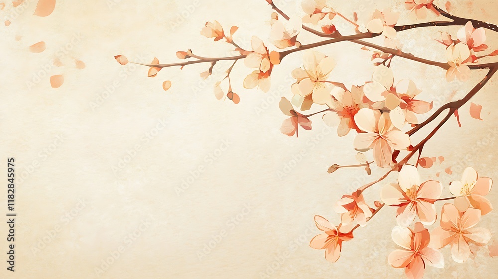 Delicate Peach Blossoms Branching Out On Beige Delicate Peach Blossoms Branching Out On Beige