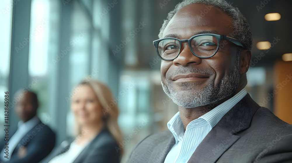Confident Senior Businessman Smiles Gently in Modern Office with Colleagues Confident Senior Businessman Smiles Gently in Modern Office with Colleagues