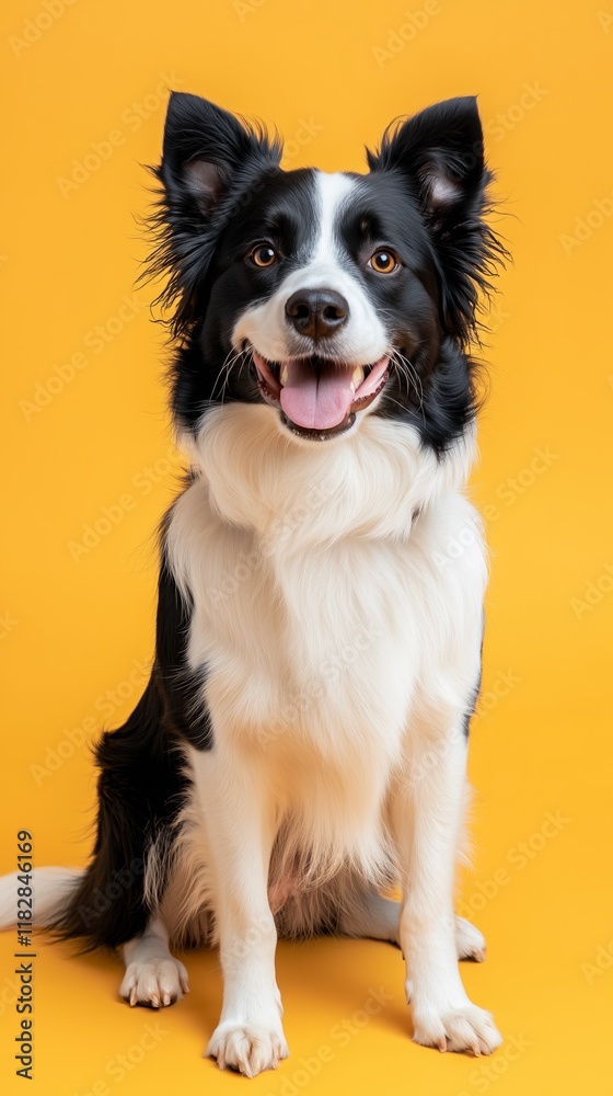 Fototapeta premium Happy black and white border collie on vibrant yellow background