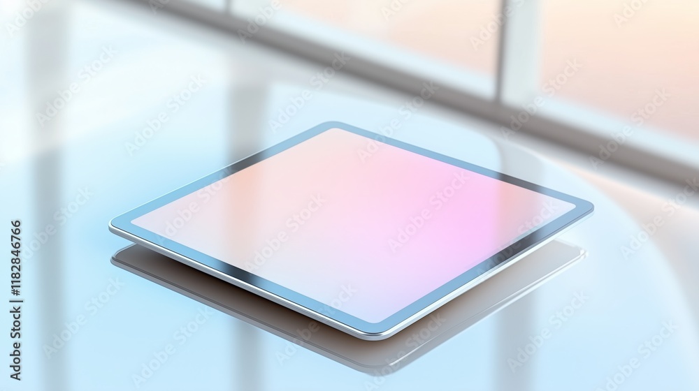 Sleek modern tablet on glass surface with soft reflection Sleek modern tablet on glass surface with soft reflection