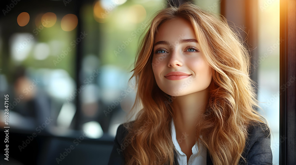 Portrait of a Smiling Woman with Long Blond Hair in a Blurred Cafe Setting Portrait of a Smiling Woman with Long Blond Hair in a Blurred Cafe Setting