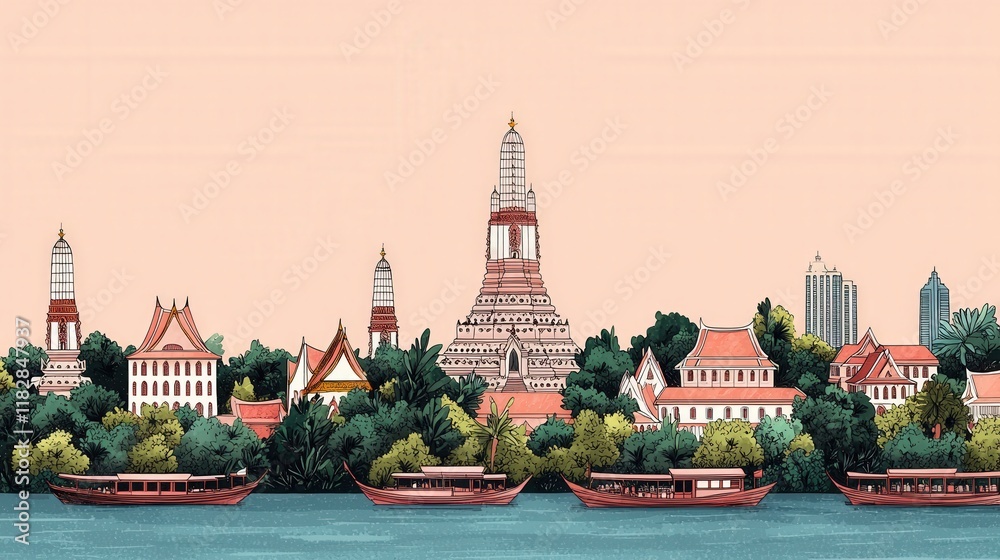 Obraz premium Monument cultural and iconic, A vibrant illustration of a riverside cityscape featuring historic buildings, lush greenery, and boats on the water against a soft peach background.