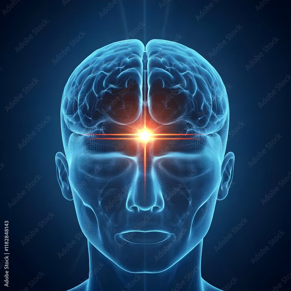3D Illustration of Human Brain with Light Beams Radiating from Center on Dark Blue Background 3D Illustration of Human Brain with Light Beams Radiating from Center on Dark Blue Background