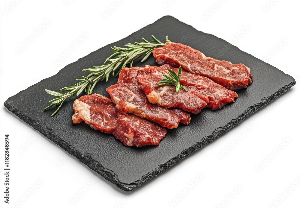 Freshly Cut Slices of Beef with Aromatic Rosemary on a Slate Serving Plate, Ideal for Culinary and Gastronomic Presentations and Recipes Freshly Cut Slices of Beef with Aromatic Rosemary on a Slate Serving Plate, Ideal for Culinary and Gastronomic Presentations and Recipes