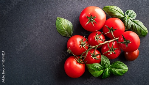 Fresh ripe tomatoes and basil on dark surface with copy space. Top view. Generated image