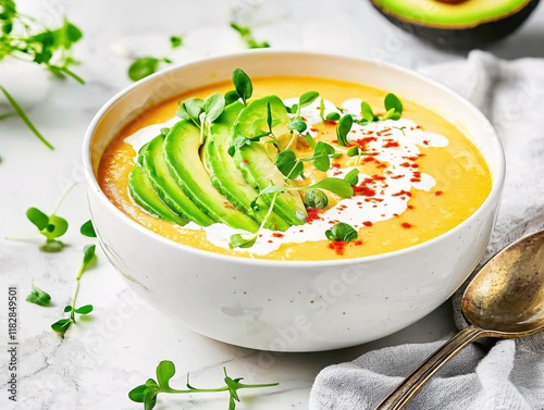 Creamy Avocado Soup Garnish Fresh Herbs Delightful Healthy Vegan Recipe photo