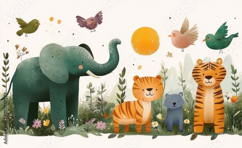 Whimsical Animal Illustration of Elephant Bear Tiger and Friends in Soft Pastel Colors photo