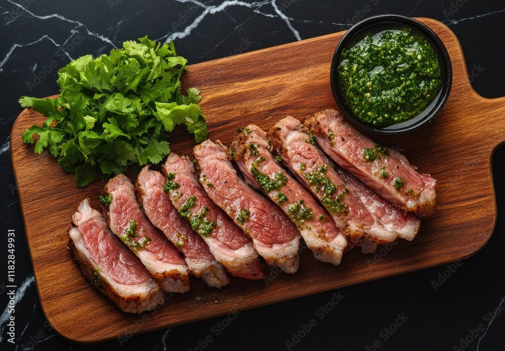 Freshly Grilled Steak Strips Garnished with Herb Sauce and Fresh Cilantro on a Wooden Cutting Board Against a Dark Marble Background Freshly Grilled Steak Strips Garnished with Herb Sauce and Fresh Cilantro on a Wooden Cutting Board Against a Dark Marble Background