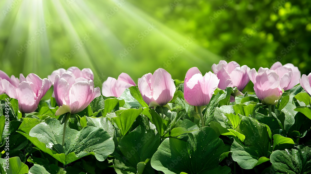 Pink flowers bloom brightly in the garden with lush green leaves in spring. Pink flowers bloom brightly in the garden with lush green leaves in spring.