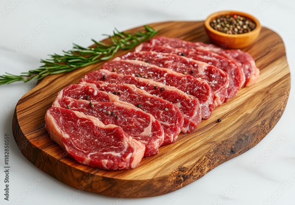 Freshly Sliced Raw Beef Steak Displayed on a Wooden Cutting Board with Sprigs of Rosemary and a Bowl of Peppercorns for Culinary Inspiration Freshly Sliced Raw Beef Steak Displayed on a Wooden Cutting Board with Sprigs of Rosemary and a Bowl of Peppercorns for Culinary Inspiration