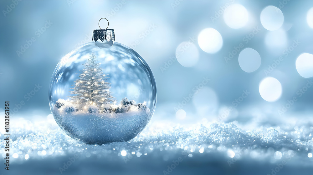 Glass Christmas Ornament Holds a Miniature Lit Tree in a Snowy Scene with a Soft Blue Bokeh Background