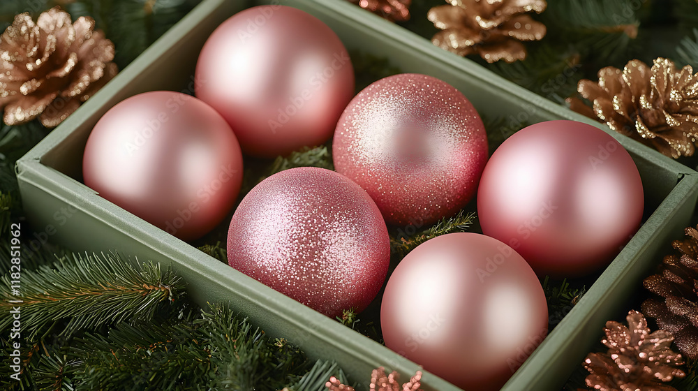 Pink Christmas Ornaments nestled in a green box, surrounded by glittering pine cones and lush fir branches. Pink Christmas Ornaments nestled in a green box, surrounded by glittering pine cones and lush fir branches.