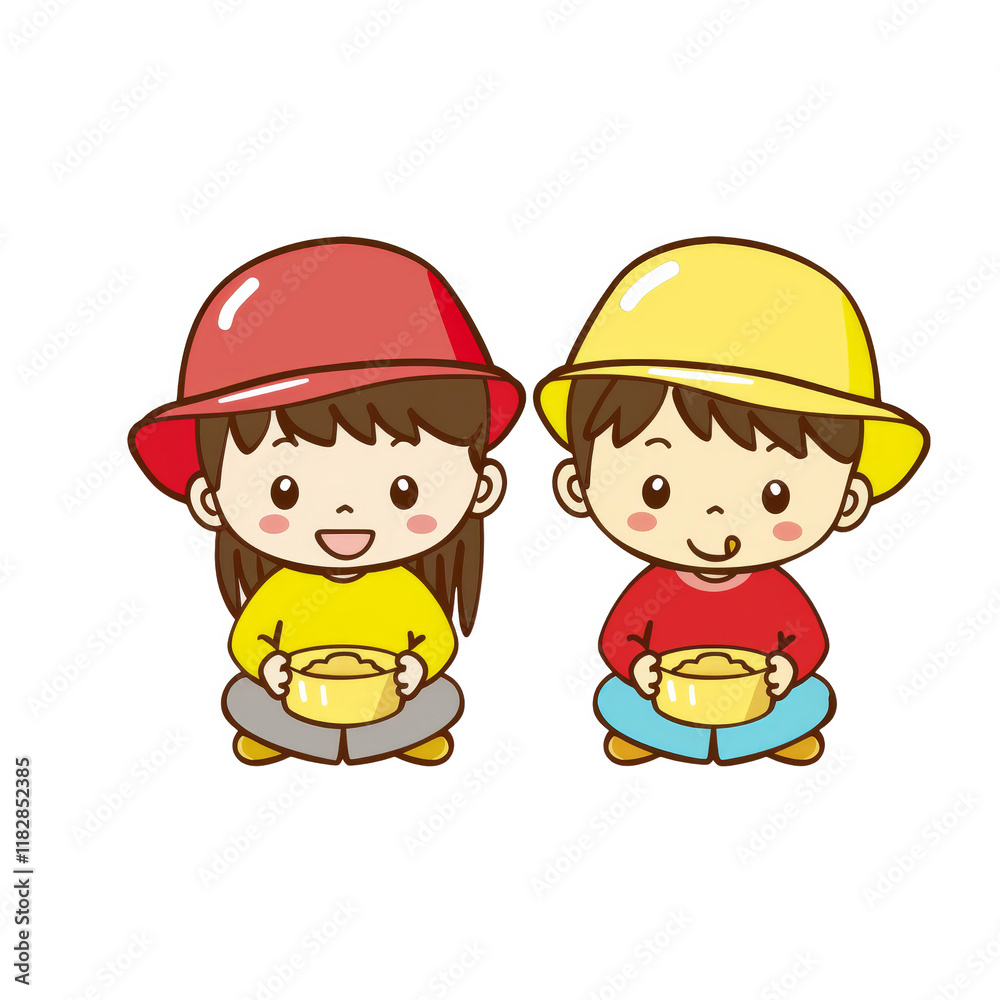 Two children wearing hats and eating from bowls. Two children wearing hats and eating from bowls.