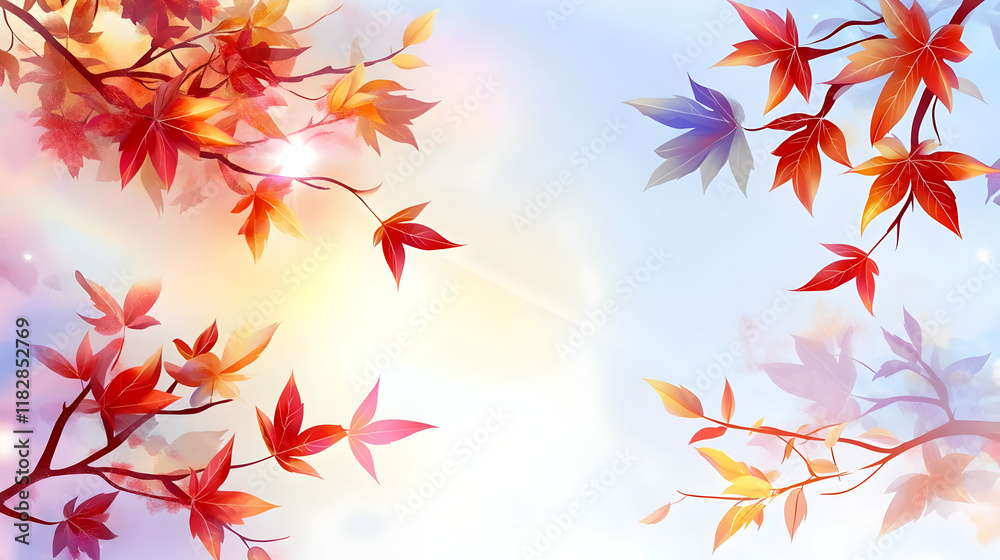 Red and Orange Autumn Leaves Frame a Softly Lit Sky with Gentle Highlights Red and Orange Autumn Leaves Frame a Softly Lit Sky with Gentle Highlights